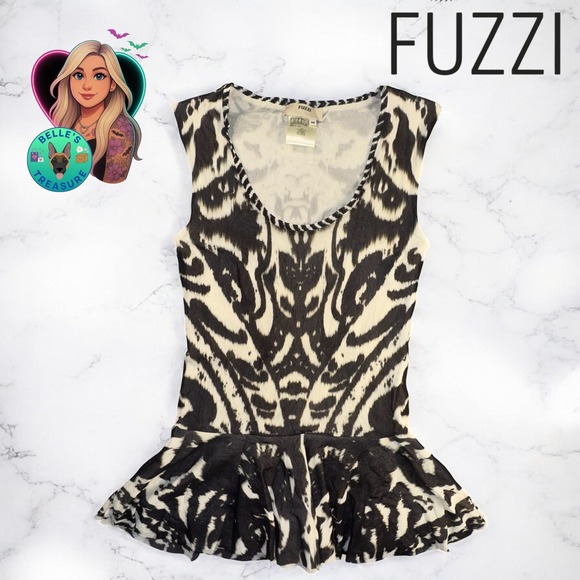 Fuzzi Tops - FUZZI Women's Medium Black White Abstract Peplum Tank Top Mesh Made in Italy Y2K